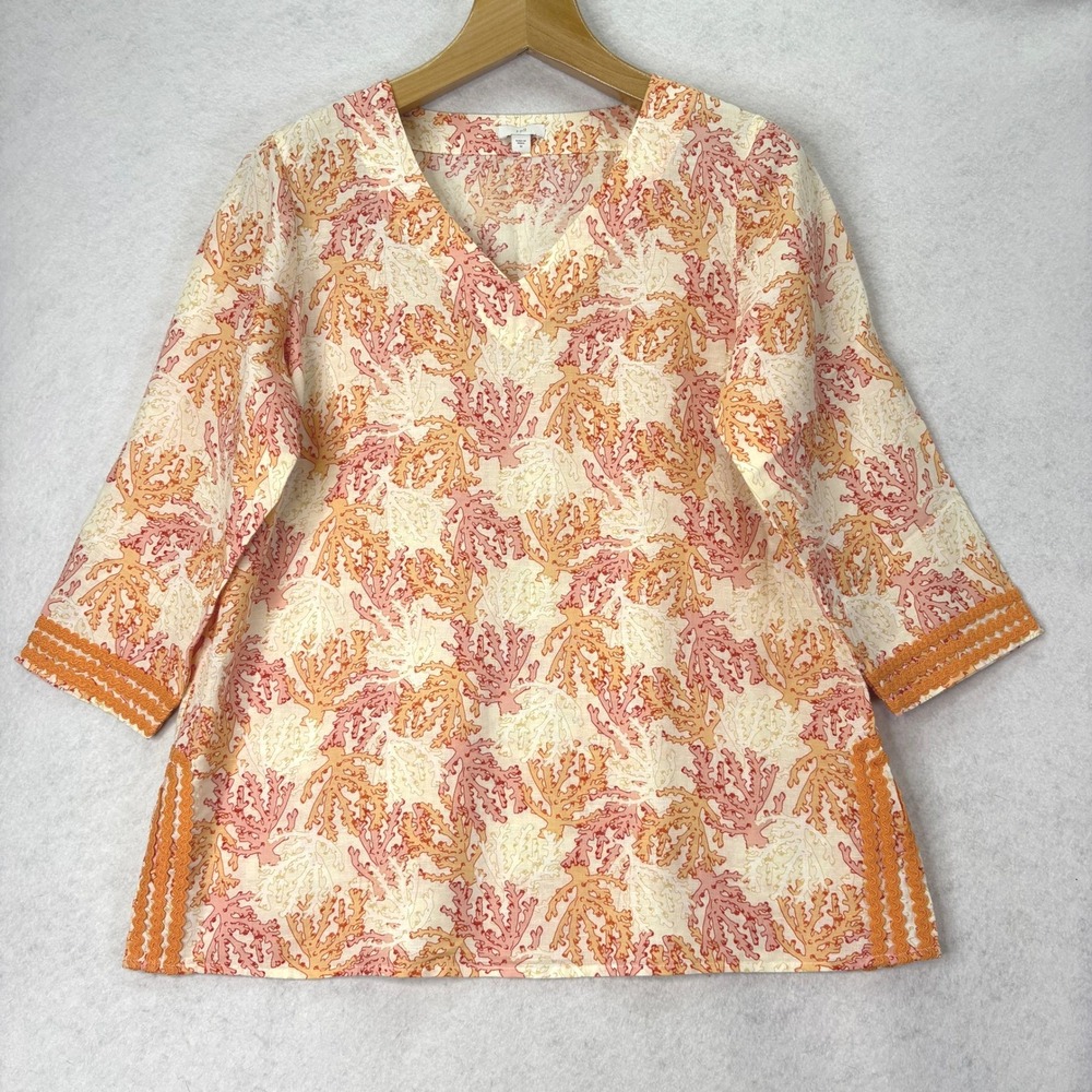 J. Jill Orange Coral Reef Linen‎ Blend V-Neck Tunic Womens Size M Coastal Beachy